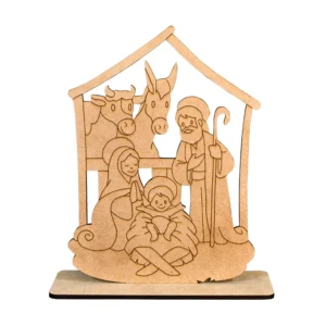 Pesebre navideño de madera MDF con base y grabado láser sobre fondo blanco para personalización corporativa.