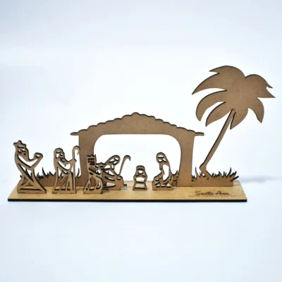 Pesebre de Navidad minimalista en madera MDF de 3 mm con corte láser y acabado natural vista frontal.