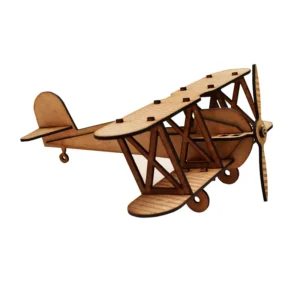 Avión Antiguo juguete en madera MDF Avión antiguo de juguete fabricado en madera MDF con corte láser sobre fondo blanco para Trazos de Arte.