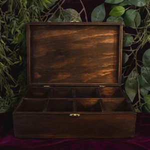 Caja para relojes en triplex de pino envejecida abierta vista frontal