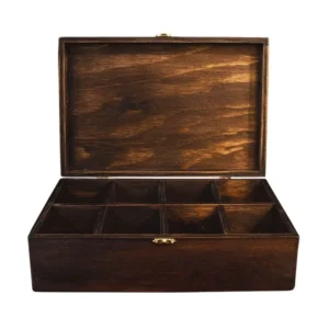 Caja estuche para 8 relojes en madera triplex de pino de 9 mm con acabado envejecido y tapa de madera de 19x35x10 cm.