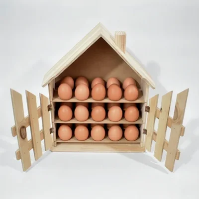 Casa para huevos en madera con puertas abiertas y compartimientos llenos de huevos.