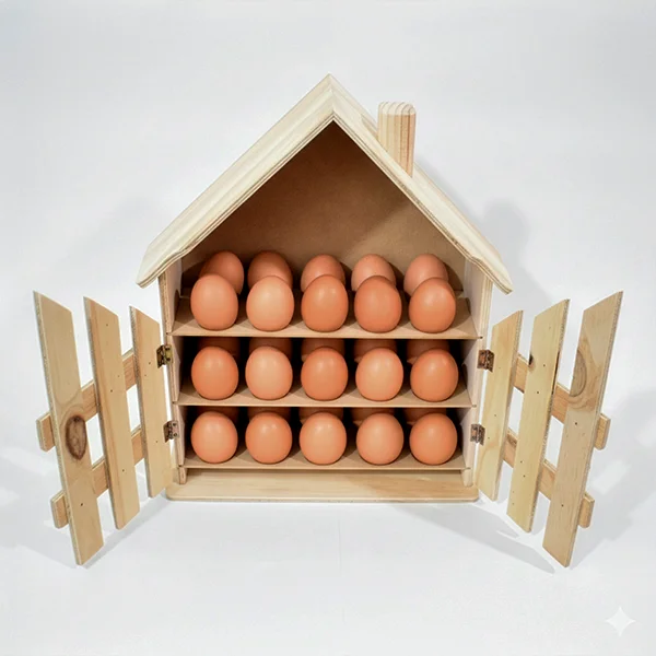 Casa para huevos en madera 4 Casa para huevos en madera con puertas abiertas y compartimientos llenos de huevos.