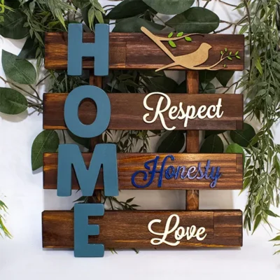 letrero home decorativo en madera de pino y mdf acabado pintado personalizado vista frontal