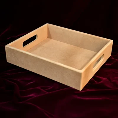 Cajas en MDF 1 bandeja en mdf para desayunos vista tres cuartos acabado natural con manijas laterales