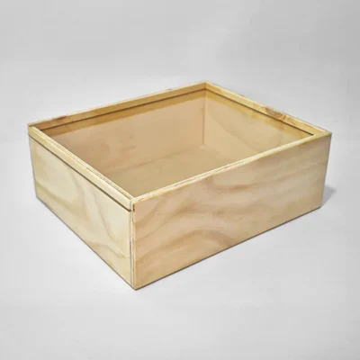 caja de madera con tapa acrilica transparente vista 3-4 derecha acabado natural