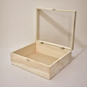 caja de madera en triplex de pino con tapa acrilica transparente abierta vista 3/4